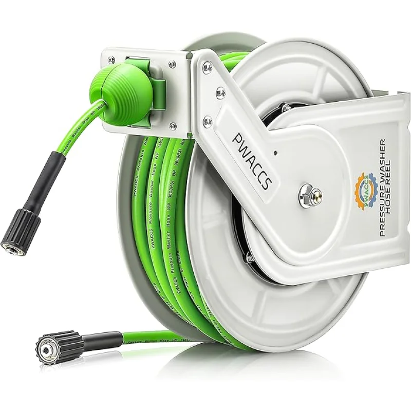 PWACCS Retractable Pressure Washer Hose Reel, Heavy Duty Power Washer Hose Reel 1/4" x 60ft, High Pressure Reel Auto Rewind, Wall/Floor Mounted, 3600 PSI