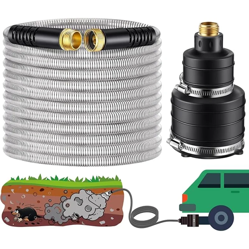 Qualirey Pest Control Exhaust Pipe Attachment with 50ft Stainless Steel Garden Hose, Transport Exhaust from Car to Underground for Killing Outdoor Rodents Such as Moles, Gophers