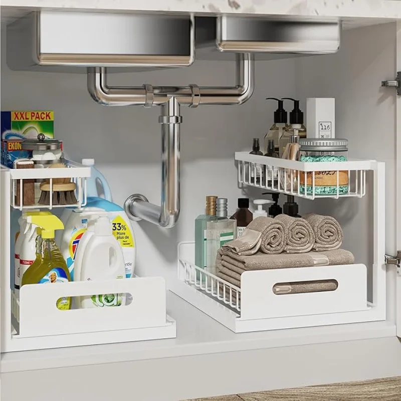 REALINN Under Sink Organizer, Pull Out Cabinet Organizer 2 Tier Slide Out Sink Shelf Cabinet Storage Shelves, Storage for Kitchen Bathroom, White, 2 Pack