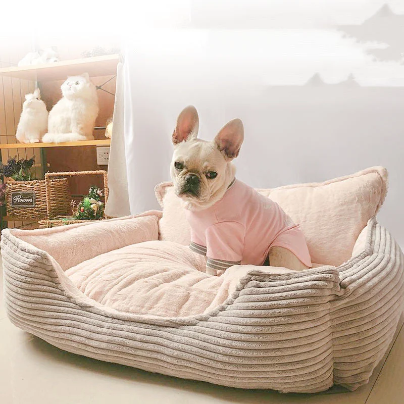Removable Washable Plush Dog Bed with Backrest | Cozy Pet Nest in Pink, Gray, or Beige for Ultimate Comfort Pink