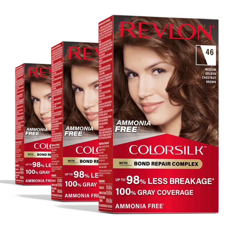 Revlon ColorSilk with Bond Repair Complex, Brown Permanent Hair Color, 100% Gray Coverage, Ammonia Free Hair Dye, Vegan Keratin, 46 Medium Golden Chestnut Brown (Pack of 3)