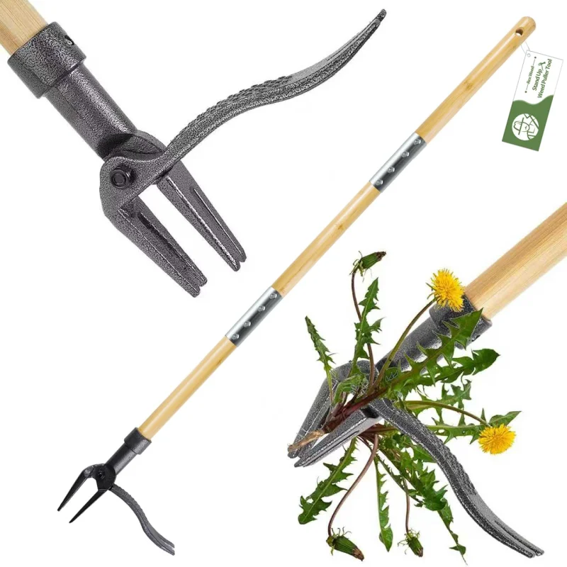 RexWeed Weed Puller Tool, Stand Up Heavy Duty Weed Remover Tool with Long Handle4-Claw Steel Head Weeder for Dandelions, Bamboo Garden Hand Weeding Tool, No Kneeling for Easy Root Removal