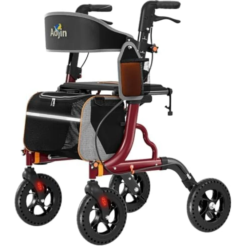 Rollator Walkers for Seniors with Seat, Foldable Walkers for Seniors, 8" All-Terrain Wheels, 18" Big Seat, 6-Level Adjustable Height Rolling Walker, 350 lb, Walker for Seniors & Adults (Burgundy)