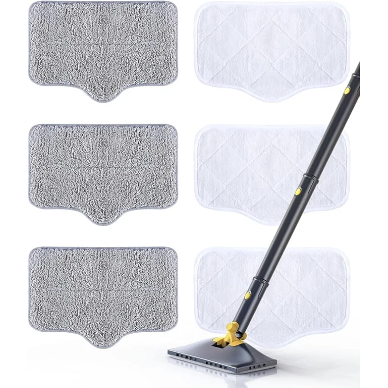 ScrubWiz Steam Mop Pads with Washable and Reusable, 6 Pack Replacement, 2 Material Types Accessories Compatible With Steamer Mop for Cleaning Floors and Carpets, White and Gray