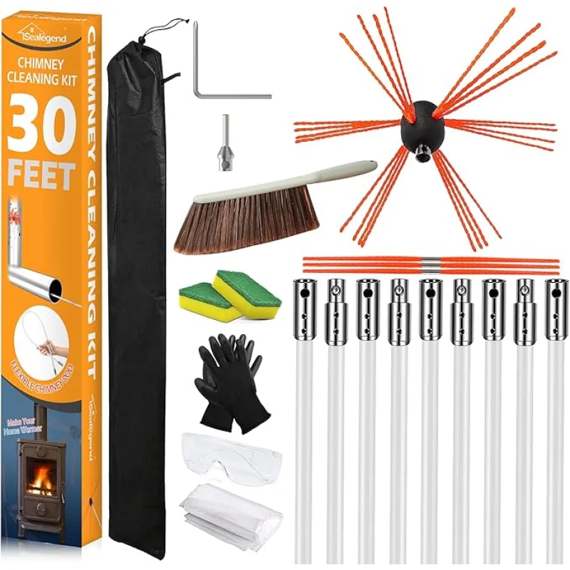 Sealegend 30 Feet Chimney Sweep Kit Chimney Brush, Chimney Cleaning Kit and Rotary Chimney Cleaning System, Fireplace Brush Tool with 9 Nylon Flexible Rods