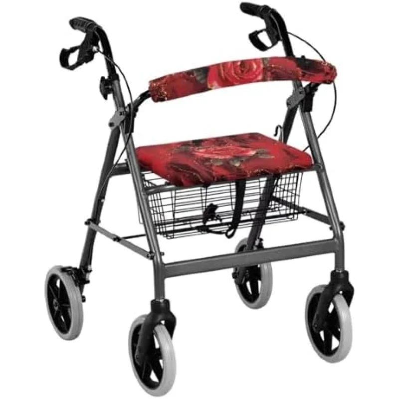 Seat Cover for Walkers for Seniors Red Rose Walker Seat Covers for Ladies Floral Rollator Walker Accessories for Seniors Adjustable Fabric Rollator Walker Seat and Backrest Covers