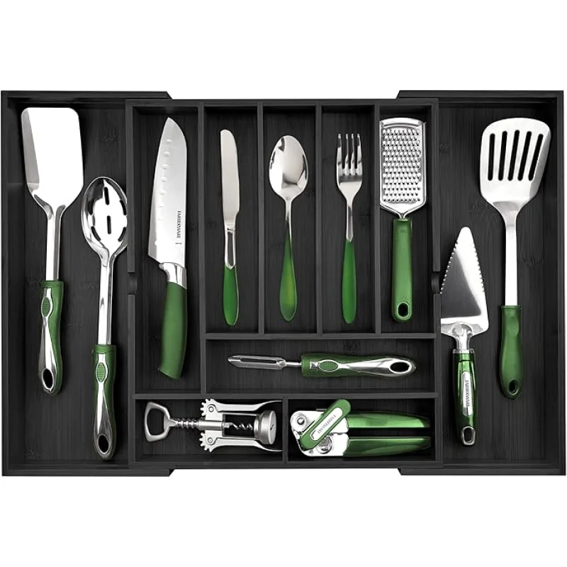 Silverware Organizer - Expandable Kitchen Drawer Organizer - Adjustable Kitchen Drawer Organizer for Utensils, Expandable to 25 Inches Wide, 10 Slots - Black