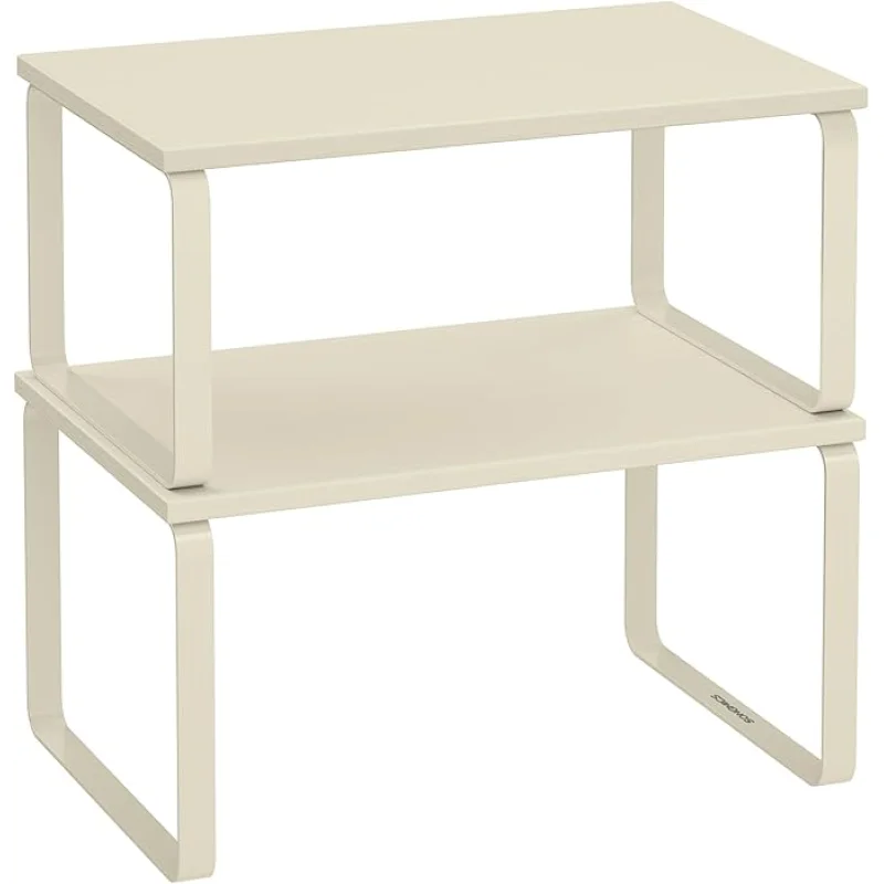 SONGMICS Cabinet Organizer Shelf, Set of 2 Kitchen Counter Shelves, Kitchen Storage, Spice Rack, Stackable, Expandable, Metal and Engineered Wood, Cream White UKCS002W02