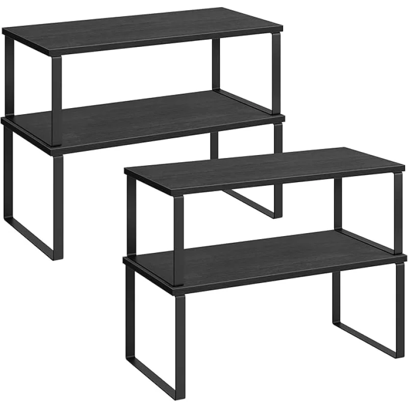 SONGMICS Cabinet Organizer Shelf, Set of 4 Kitchen Counter Shelves, Kitchen Storage, Spice Rack, Stackable, Expandable, Metal and Engineered Wood, Ink Black and Ebony Black UKCS028B01