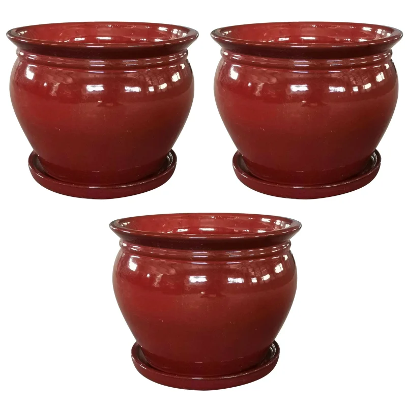 Southern Patio Wisteria 8" Round Ceramic Planter Pot with Saucer, Red (3 Pack)