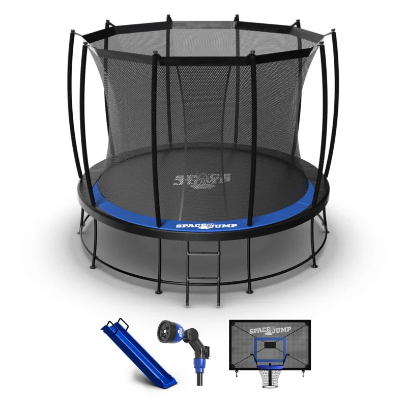 SpaceJump Astro 10' Trampoline, Outdoor Ultimate Set with Slide, Hoop & Sprayer