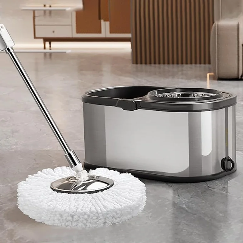 Spin Mop and Bucket with Wringer Set for Home,360 Mop and Bucket with Separate Clean and Dirty Water,Wet Dust Mop for Floor Cleaning with Extra Refills (Silver with 6 Pads)