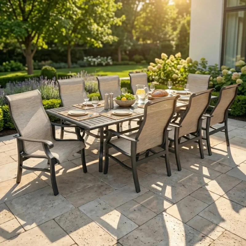 Stirling 9 Piece Sling Dining Group W/ 44"x112" Rect. Table