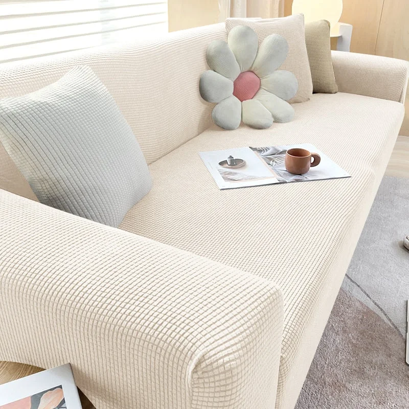 Stylish Stretch Sofa Cover | Non-Slip Protection with Textured Fabric | Flexible Fit for Enhanced Comfort and Furniture Protection Beige White