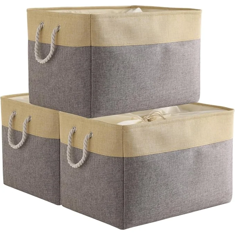TheWarmHome Storage Bins Baskets for Organizing - Extra Jumbo 3 Pack 20.5Lx15.7Wx13.8H Sturdy Fabric Storage Basket for Shelves, Decorative Foldable Closet Nursery Toy (Gold&Grey)