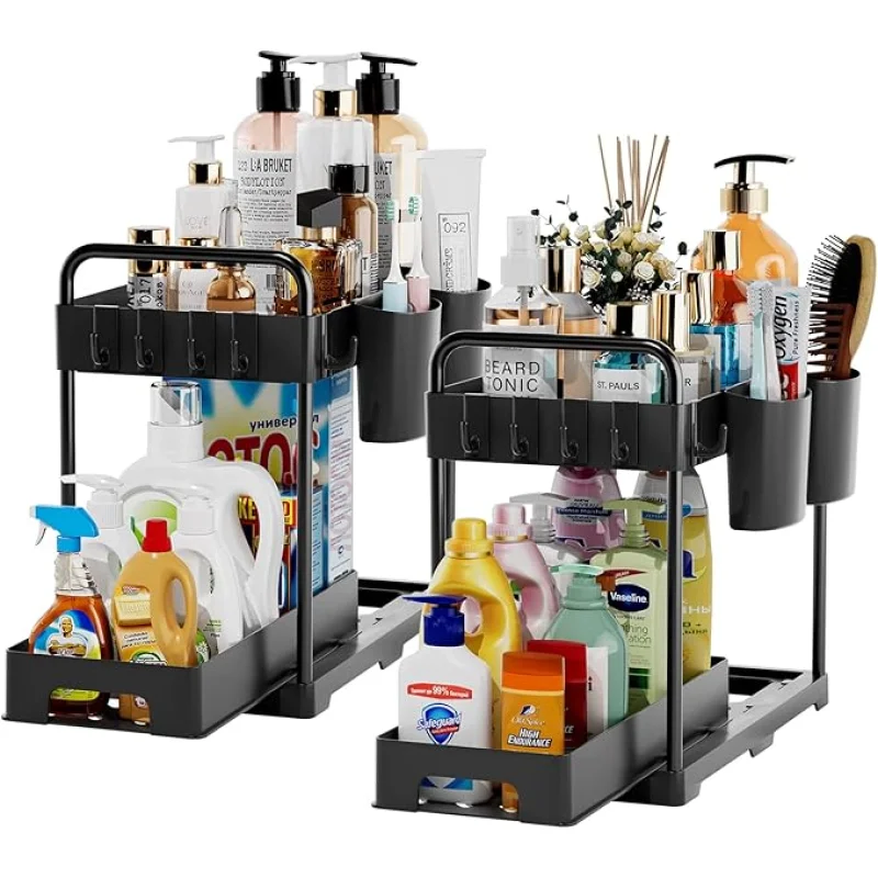 Under Over Sink Organizer and Storage, Under bins for Kitchen and Bathroom Sink Organizers and Storage Cabinet Cleaning Supplies Organizer Shelf Sliding Drawer(2 Packs)