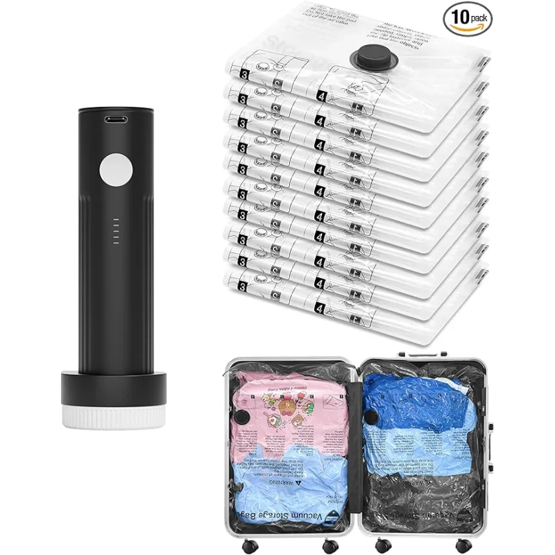 Vacuum Bags for Travel with Rechargeable Pump, 10 Large Compression Packing Seal Bags for Luggage Suitcase, Space Saver for Clothing and Clothes Storage Travel