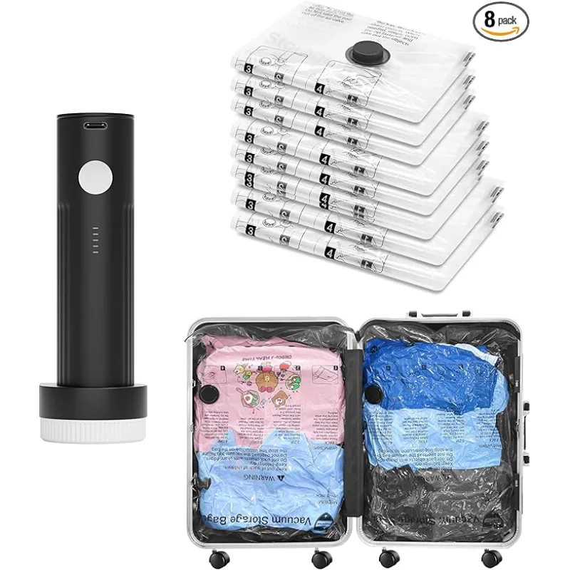 Vacuum Bags for Travel with Rechargeable Pump, 8 Combo (2L/3M/3S) Compression Packing Seal Bags for Luggage Suitcase, Space Saver for Clothing and Clothes Storage Travel