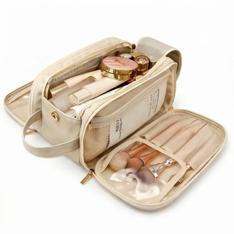 Vepine Glossa | Makeup Organizer Box with Waterproof Design & Brush Protectors | Large Capacity Cosmetic Organizer for Travel and Everyday Use Beige