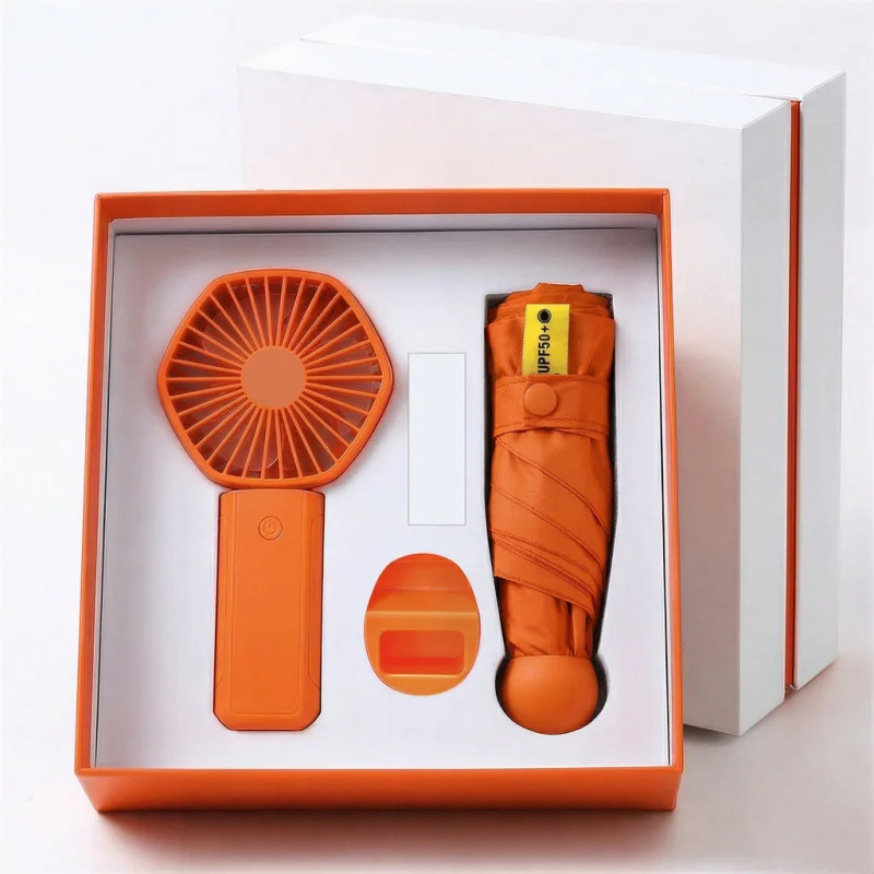 Vepine Portable Fan & Umbrella Set with UV Protection | Stylish & Compact for All Weather Comfort Orange