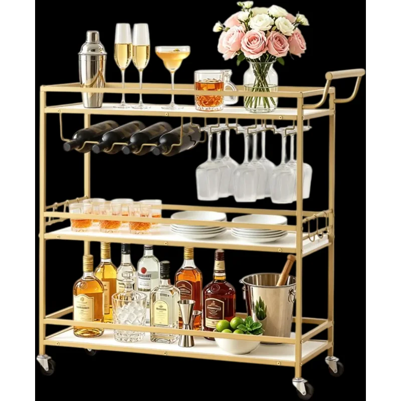Vevor Bar Cart 3-Tier Rolling Serving Trolley with Wine Rack and Glass Holder Gold New