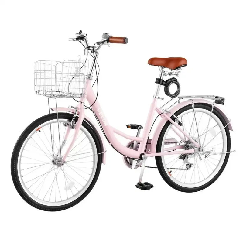 Vevor Beach Cruiser Bike Women's 24" 7-Speed City Bicycle Pink New