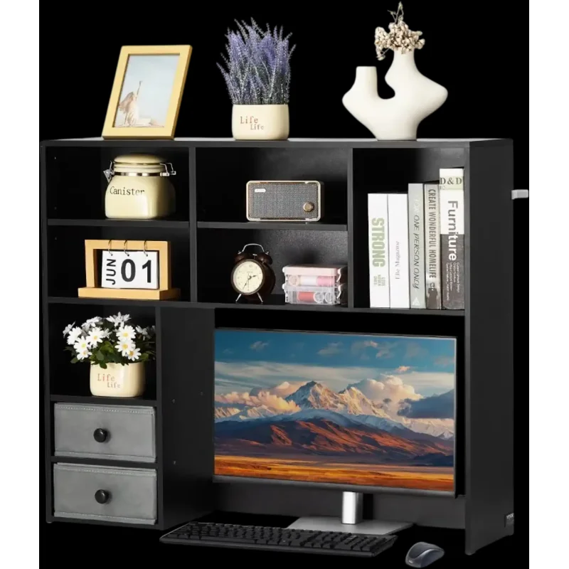 Vevor Desktop Bookshelf 3-Tier Hutch with Two Fabric Drawers Black 37" x 10" x 31.1" New