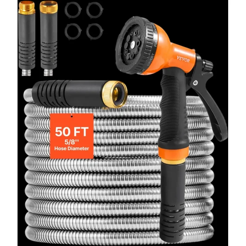 Vevor Metal Garden Hose 50' Stainless Steel No-Kink Water Hose with 10-Pattern Nozzle New