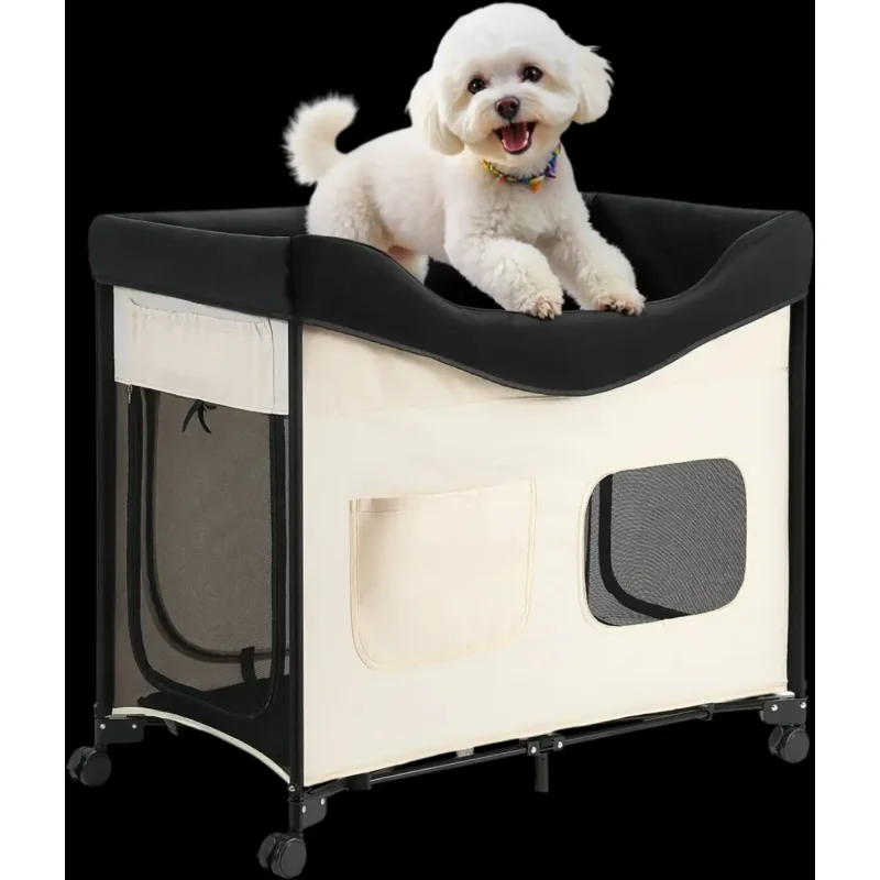 Vevor Pet Bed Elevated Lounge Foldable Bunk Dog Bed with Wheels Side Bags L Beige New
