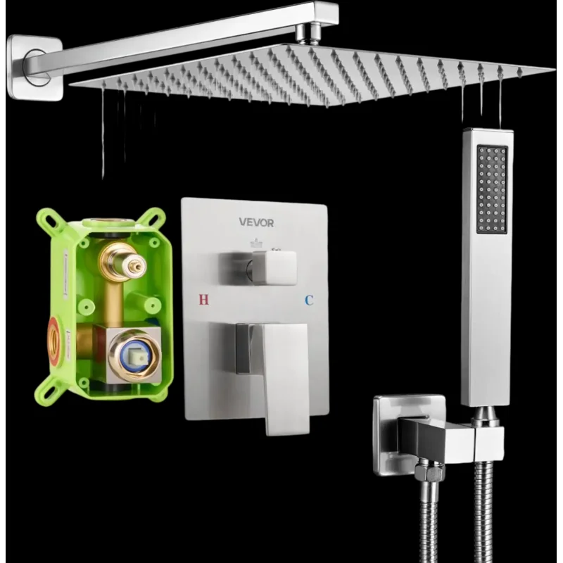 Vevor Shower Faucet Set 12" Square Rain Shower Head with Handheld Spray Brushed Nickel New