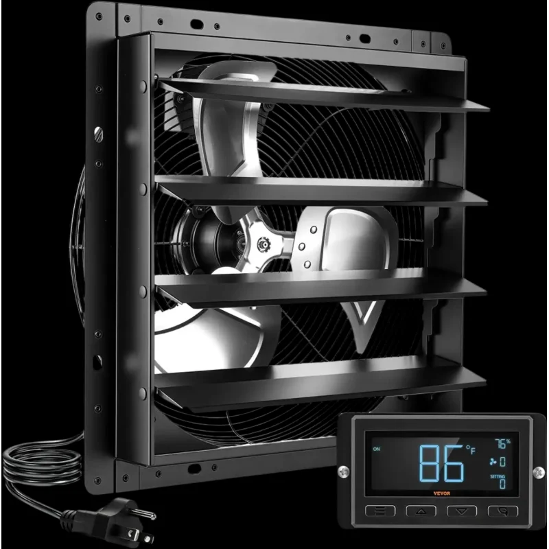 Vevor Shutter Exhaust Fan 16" Wall Mounted Automatic Louvers EC Motor Temperature & Humidity Controller Black New
