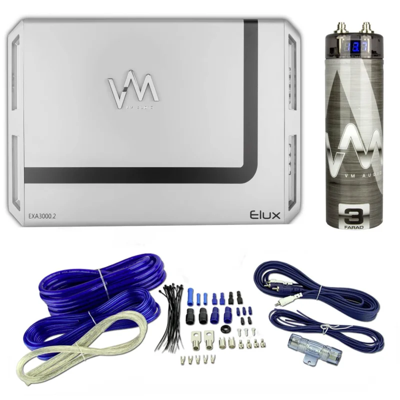 VM Audio 3000W 2 Channel Car Amp + Blue 4 Gauge Wiring Kit + 3.0 Farad Capacitor