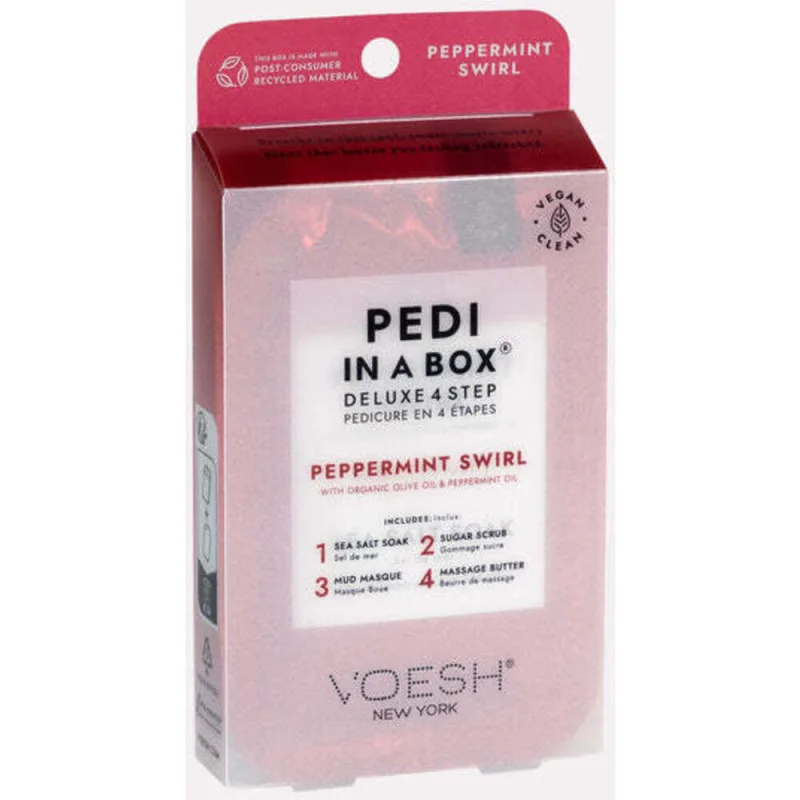 Voesh Deluxe Pedicure in a Box - 4-Step Hygienic Spa Pedicure Kit - Peppermint Swirl / 1 Treatment Set by Voesh of New York