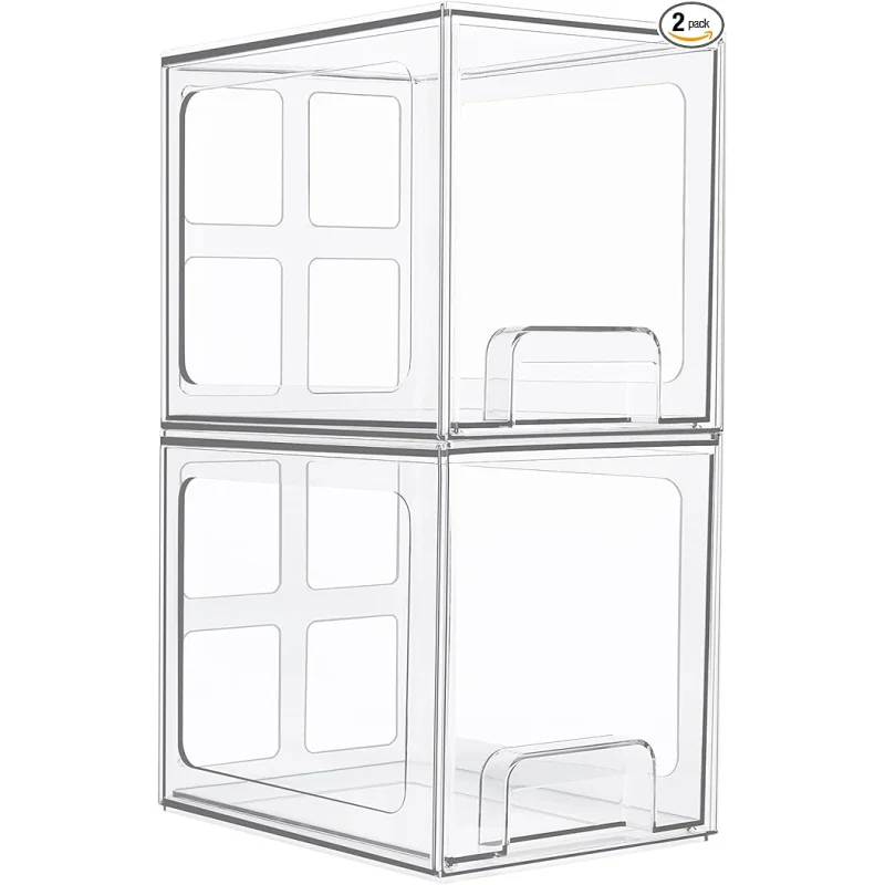 Vtopmart 2 Pack Stackable Storage Drawers, 6.6''Tall Acrylic Bathroom Makeup Organizers,Clear Plastic Storage Bins For Vanity, Undersink, Kitchen Cabinet,Pantry Organization and Storage