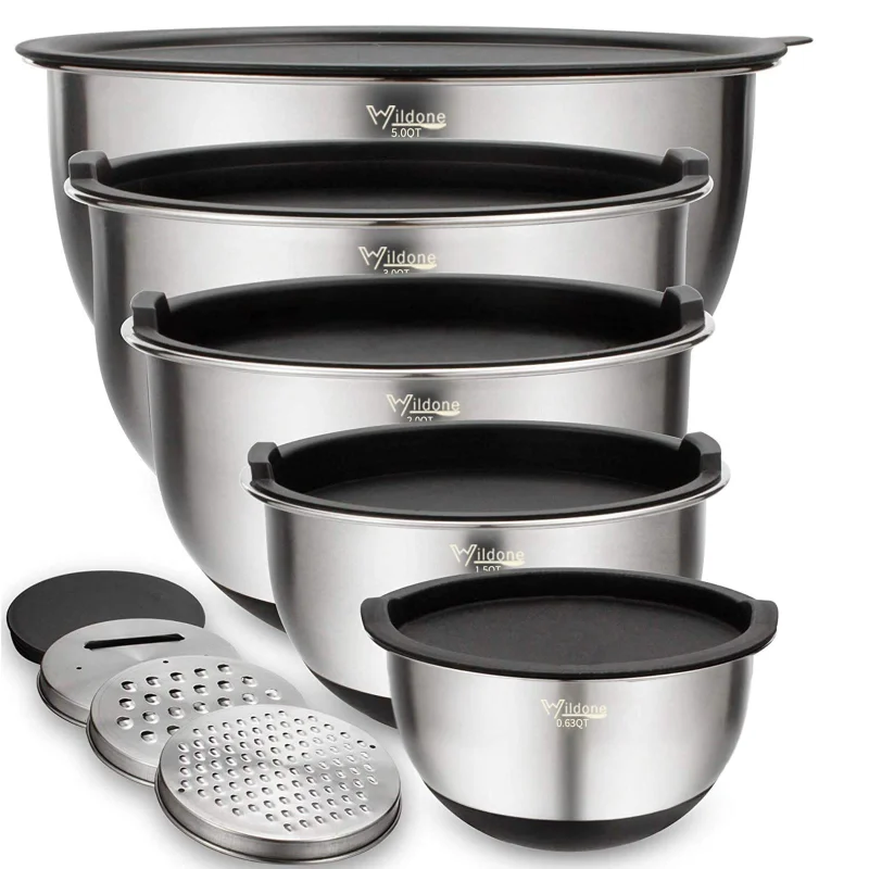 Wildone Mixing Bowls with Airtight Lids Set, 5PCS Stainless Steel Nesting Bowls for Kitchen, with Grater Attachments & Non-Slip Bottoms, Size 5, 3, 2, 1.5, 0.63 QT, Great for Mixing & Serving
