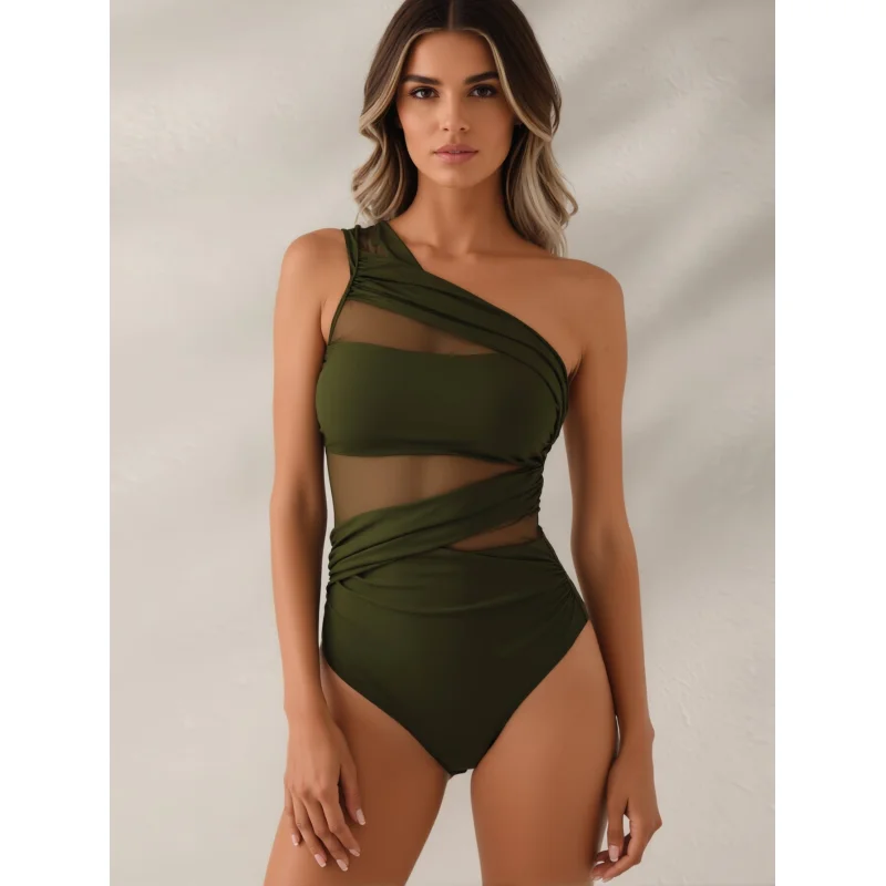 Women Mesh One Piece Swimsuit - Tummy Control One Shoulder Bathing Suit Cut Out Swimwear 2026 Green