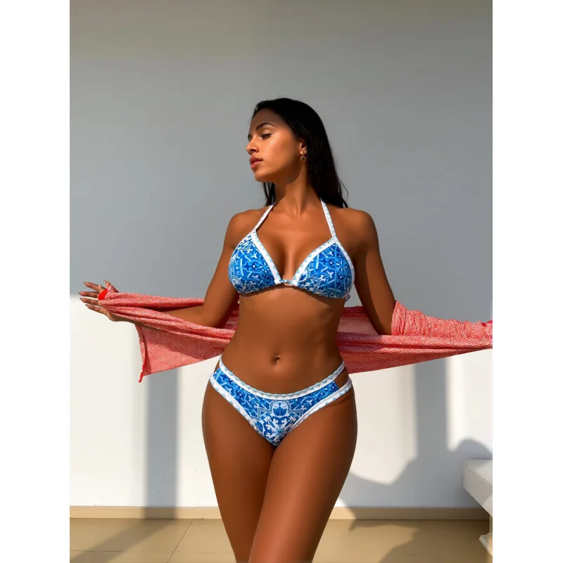 Women's 2 Piece Swimsuit Bikini Set Halter Triangle Cheeky Bathing Suit Blue
