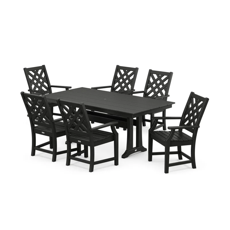 Wovendale Arm Chair 7-Piece Farmhouse Dining Set with Trestle Legs Black