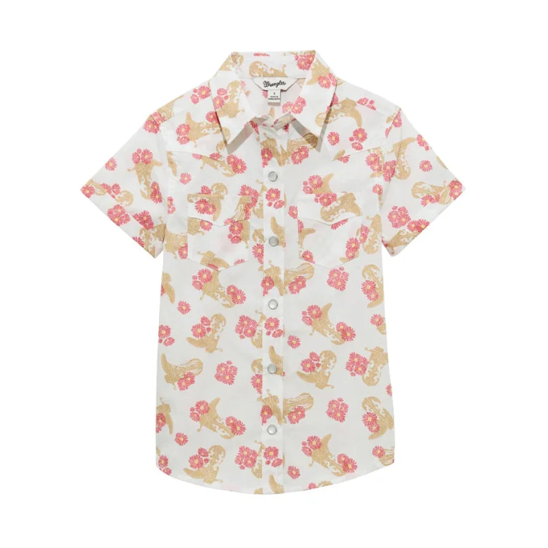 Wrangler Girl's Floral Western Short Sleeve Shirt (White/Coral) Size XL