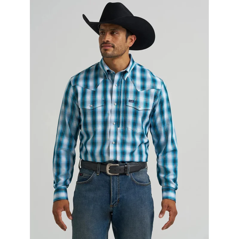 Wrangler Men's Performance Snap Long Sleeve Plaid Shirt (Teal Black) Size L