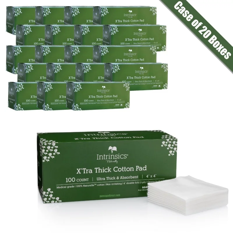 X'Tra Thick Essential Cotton Pads - 4" x 4" Ultra Thick / 100 Count per Box X 20 Boxes = Case of 1,000 Ultra Thick Pads by Intrinsics